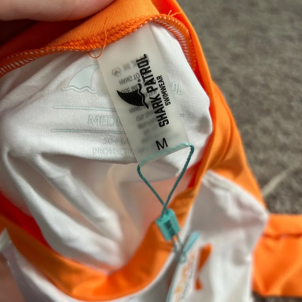 Shark Patrol Swimwear Kids Long Sleeve Orange White Shark Graphic Size‎ M